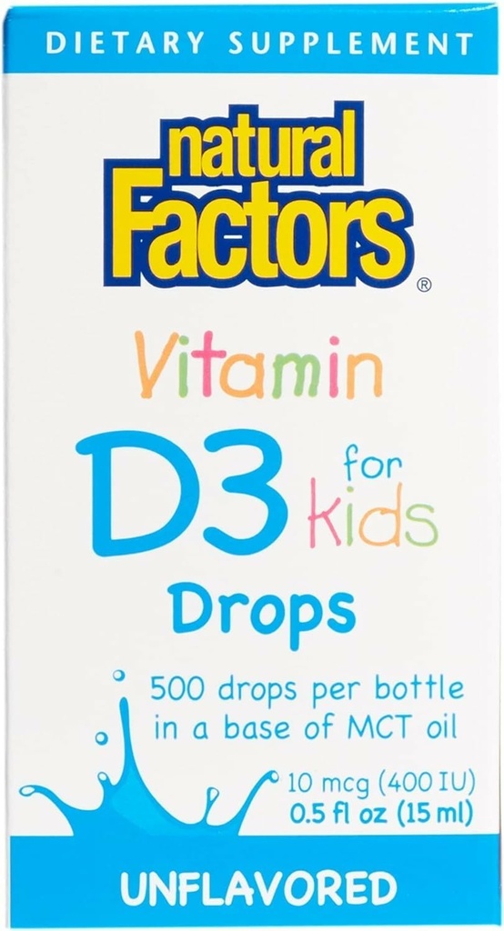 Prírodné faktory, vitamín D3 kvapká 400 IU (10 μg) pre deti, podporuje silné kosti a imunitné funkcie, 0,5 fl oz, 0,5 Oz