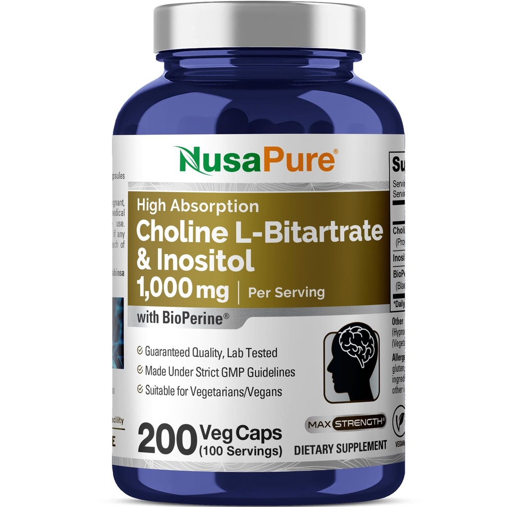 NusaPure Choline & Inozitol 1000 mg - 200 Veggie Caps (100% Vegetarián, Non-GMO) Bioperine