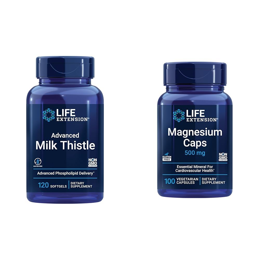 Life Extension Advanced Milk Thitle 120 Softgels and Magnézium 500mg Kapsule od Life Health, Detox Support, Heart Health, and Healthy Bones