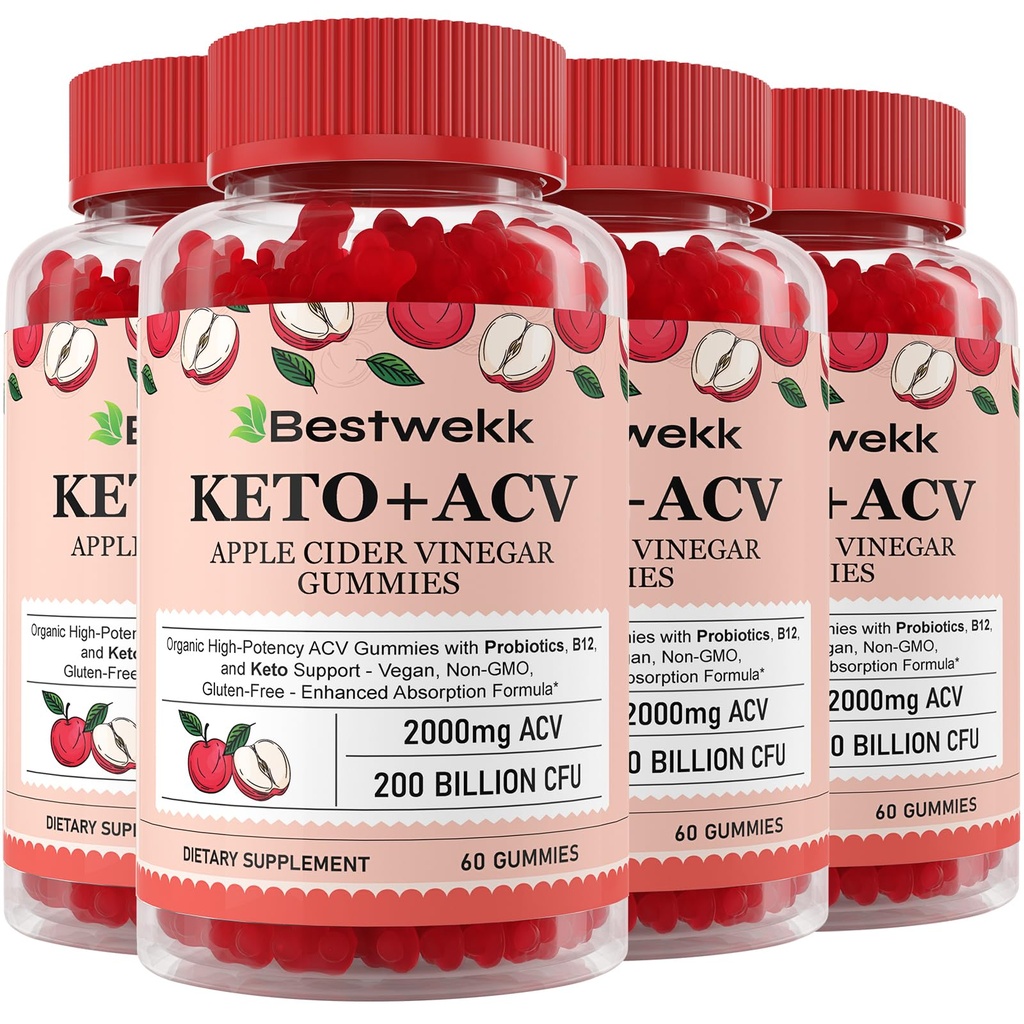 Apple Cider Ocogar Gummies, Max Strength 2000mg ACV Gummy s probiotikami, B12 a Keto Podpora, Pre zažívanie, Metabolizmus, Detox, Gut & Immune Health, Želatína-free, non-GMO, 240 keto akv ďasien