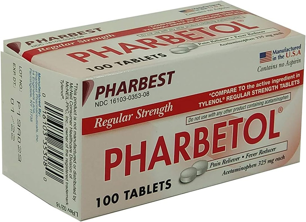 Pharbetol Acetaminophen 325mg Pravidelná sila, bolesť Reliever, Horúčka Redukcia tablety, 100 Počet (Súbor 1)