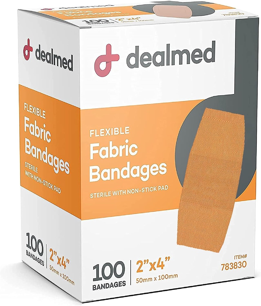 Dealed Fabric Flexible Lepidlá s non-Stick Pad, Latex Free, Wound Care for First Aid Kit, 2" x 4" (Box 100)