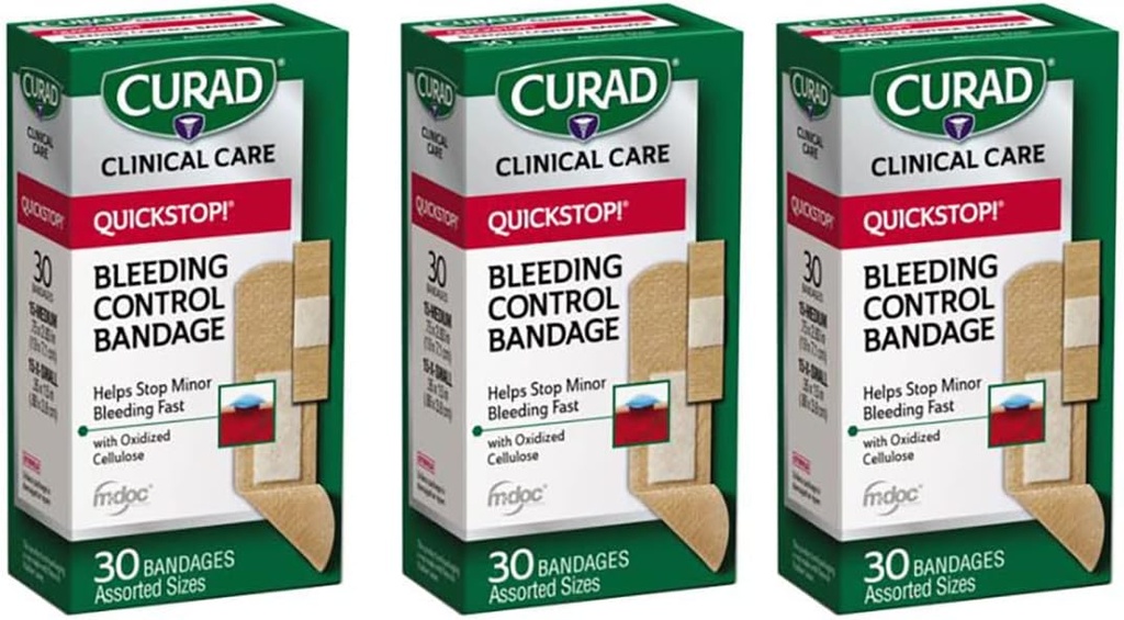 Curad Quickstop Flex-Fabric Bandáže, Quickstop Krvácanie Control Technológia, Roztriedené veľkosti, 30 Počet (Pack of 3)