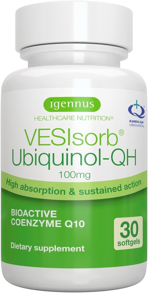 Igennus Advanced VESIsorb Ubichinol 100mg 30 Softgels, 600% Biodostupnosť, Rýchlo pôsobiaci vodný rozpustný koenzým Q10 Supplement for Energy & Heart, 1-Month Supply
