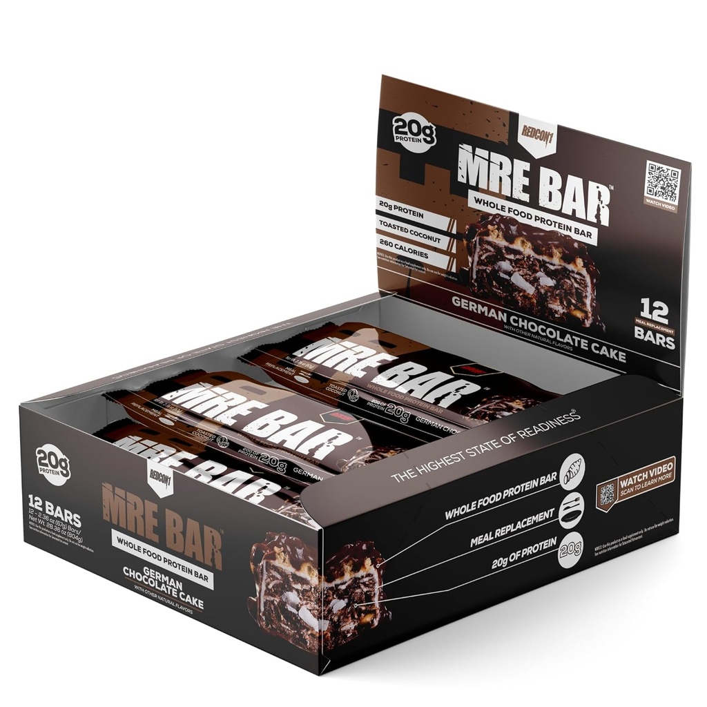 REDCON1 MRE Protein Bar, Nemecká čokoládová torta - Obsahuje MCT olej + 20 g celých potravinových bielkovín - Ľahko stráviteľné, Makro Balanced Nízkocukrové náhradky Bar (12 Bary)