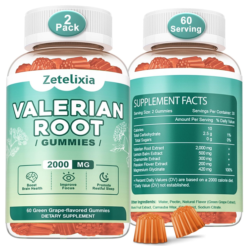 2 balenie Organic Valerian Root Gummies, Prírodný pokoj pomôcť relaxáciu, Bylinné doplnky pre podporu nálady, Melatonín zadarmo, non-GMO, Gluten zadarmo, Vegan, Zelená hroznová aróma, 120 Počet