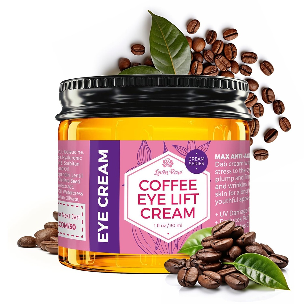 Leven Rose Lifting Coffee Eye Cream s kofeínom 1 oz - Prírodné riešenie pre tmavé kruhy a opuchy - spevňujúce anti-Aging pod očné ošetrenie