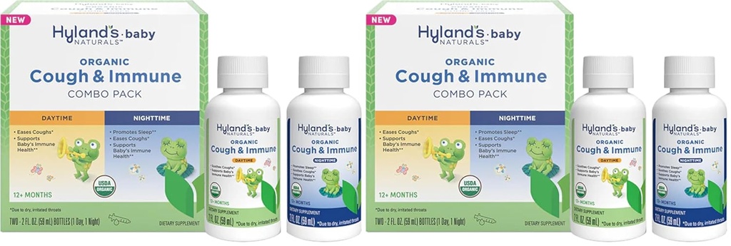 Hyland's Naturals - Baby - Organic Cough & Immune Day & Night Combo Pack - Eases Coughs, podporuje imunitu, podporuje spánok, dve 2 Fl Oz. Fľaše (4 fl oz) (Pack of 2)