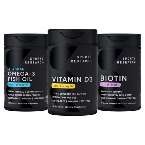 Športový výskum Triple sila Omega 3 Burpless Fish Oil 1250mg z Wild Aljaška Pollock, Vitamín D3 5000 IU s kokosovým MCT olej (125mcg) a Vegan Biotin 5000mcg Vitamín B7-30 Softgels Každý