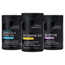 Športový výskum Triple sila Omega 3 Burpless Fish Oil 1250mg z Wild Aljaška Pollock, Vitamín D3 5000 IU s kokosovým MCT olej (125mcg) a Vegan Biotin 5000mcg Vitamín B7-30 Softgels Každý