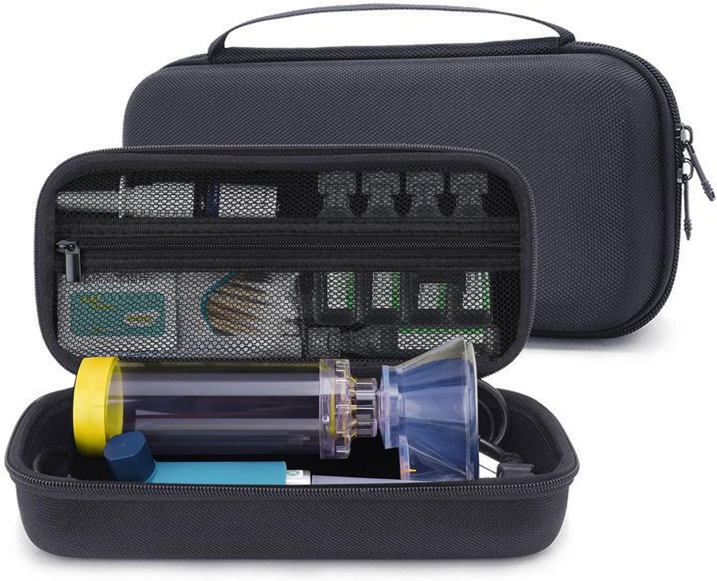Tvrdé cestovné puzdro pre Astma Inhaler, Spacer pre deti a dospelých, Masky, Držiteľ inhalátora Prenosné Nosenie tašky Storage Organizátor s mesh Pocket pre medicínu, Alergické lieky, Ventolin Inhaler (CASE LEN)