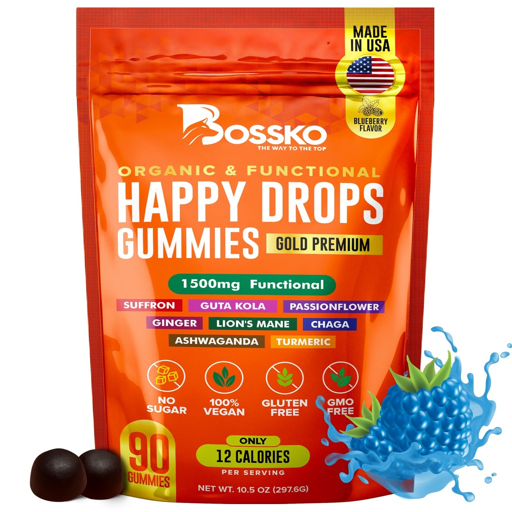Happy Gummy Supplement 8-in-1 Advanced Formula Calm & Focus Support Gummies, Sugar-Free Saffron Chews with Passion Flower & Daily Mood Balance Supplement Blueberry Flavor – 90 Gummies