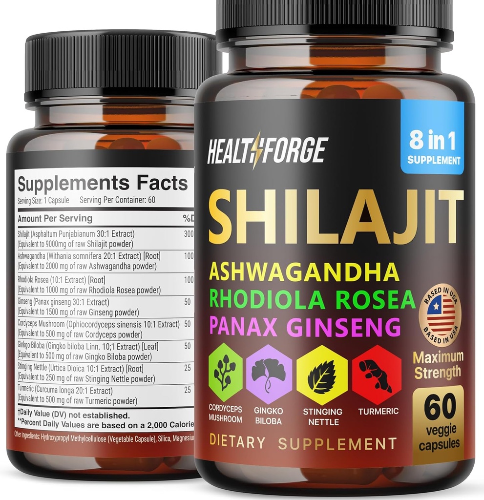 Shilajit Kapsule Organický extrakt Blend 60 Kapsule od Muži & Ženy - Shilajit Supplement 9000mg Ashwagandha, Immune Support Supplement 2000mg Rhodiola Supplement, Ginko Ginkgo Biloba