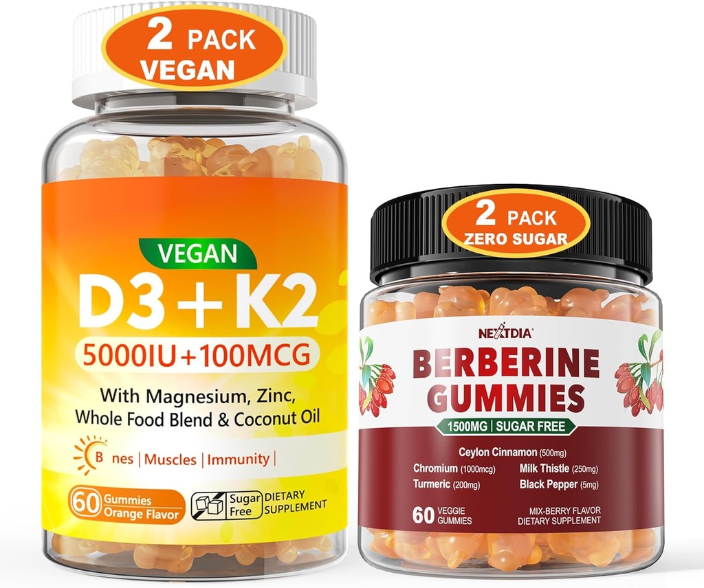 2Pack Vegan Vitamín D3 5000IU K2 Gummies+ 2Pack Berberine Supplement 1500mg Gummies