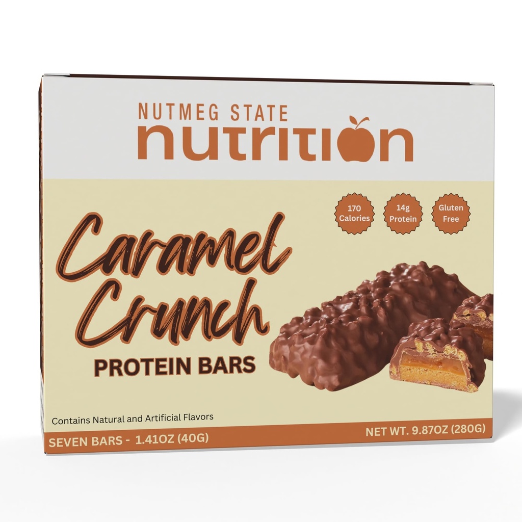 Muškátová State Nutrition - High Protein Bars, Gluten Free, Nízky cholesterol, Nízky sodík, Nízky cukor, Ideálny proteín Kompatibilný, 7 Servings per Box (Caramel Crunch)
