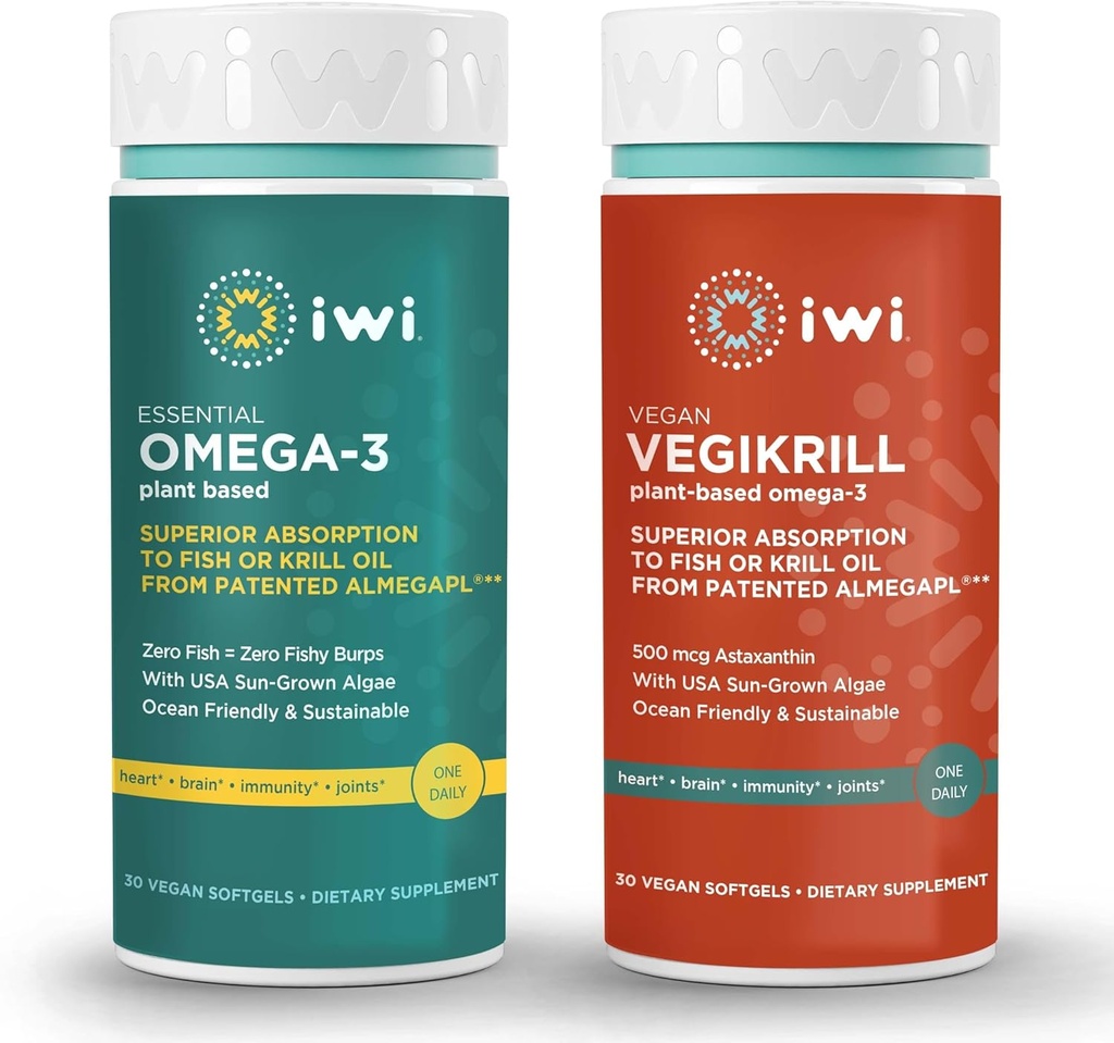 Iwi Omega-3 Essential & Vegikrill Omega-3 Bundle, 30 Servings, Vegan Plant-Based Algae Omega 3, Krill & Fish Oil Alternative, No Fishy Dochute