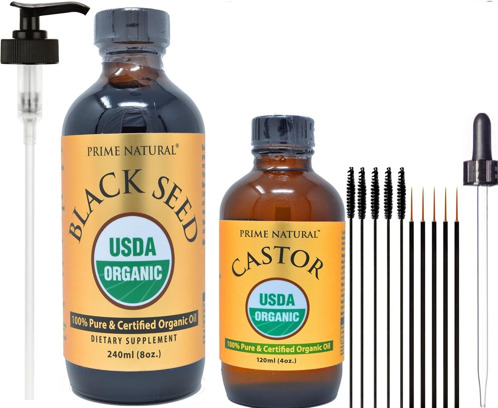 PRIME Natural Organic Black Seed Oil & Organic Castor Oil - 2 Oil Bundle - USDA Certified - Cold Pressed, Virgin, Nerafinovaný, Vegan, non-GMO, žiadne konzervačné látky