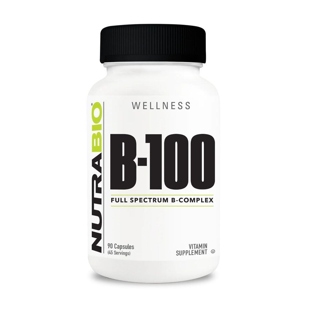 NutraBio B-100, B vitamín komplex, imunitný systém podpora, zdravé vlasy, koža, nechty, 90 Rastlinné kapsule