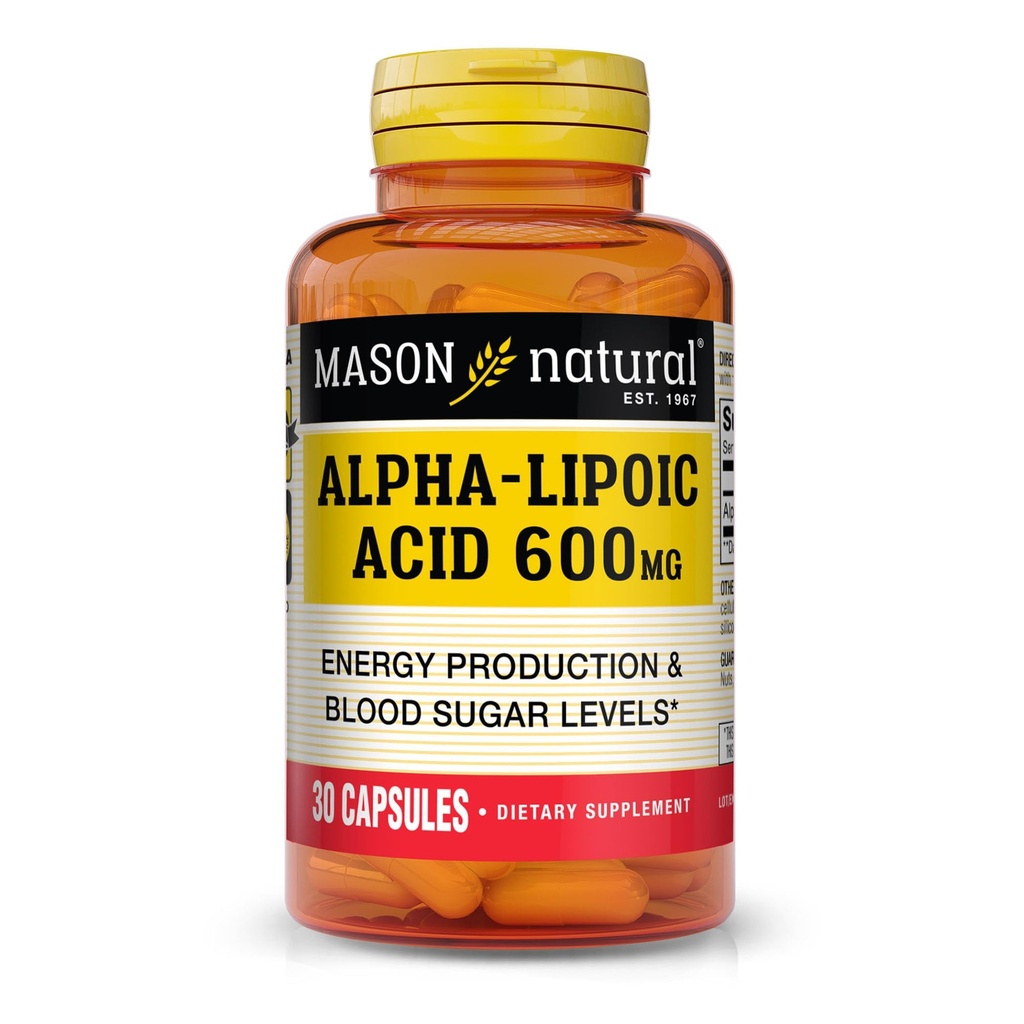 MASON NATURAL Alpha Kyselina lipoová 600 mg za obsluhu, lepok zadarmo ALA doplnok, 30 kapsúl