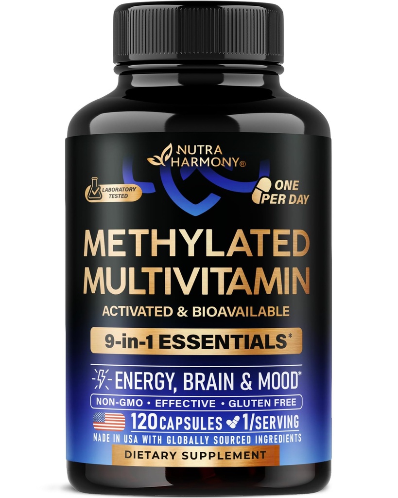 Metylované multivitamíny - B2, B6, 5-MTHF & B12  Supplement with TMG - Energy, Brain & Mood - Vegan - Made in USA - 120 Kapsule