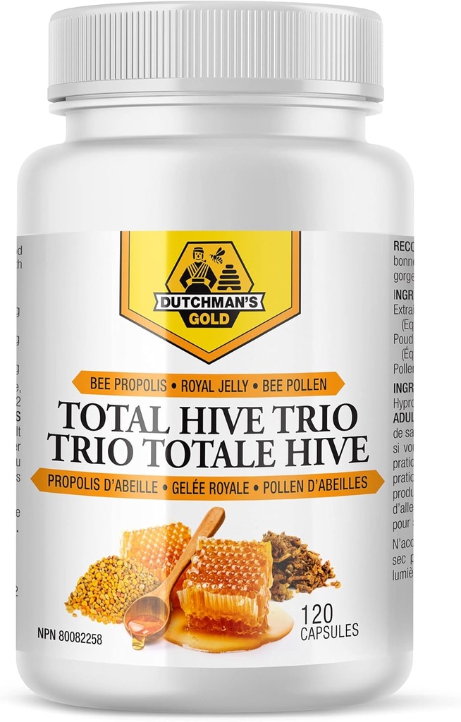 Holandský zlato Celkom Hive Trio Kapsule - 120 Veg Caps Približne 30-60 Slúži - Včela Pollen Royal Jelly & Propolis Supplement - Superfoods pre Antioxidant Immune Support - Prírodný med Mix