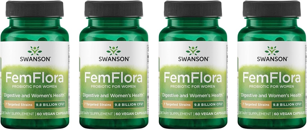 Swanson FemFlora - Feminine Probiotic Supplement Supporting Flora of The Mouth, GI Tract, and Vagina - Probiotiká pre ženy s 9 miliardami CFU na kapsule - (60 kapsúl) (4 balenia)