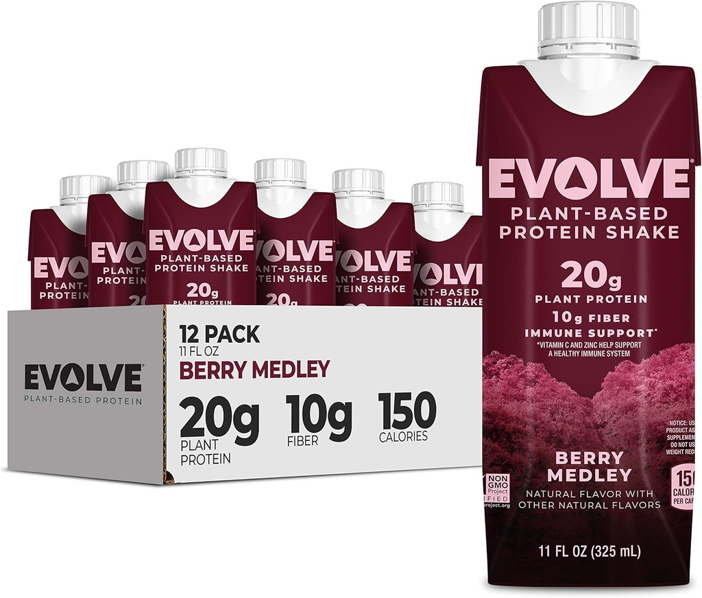 Evolve Plant Based Protein Shake, Berry Medley, 20g Vegan Protein, Immune Support, Vitamín C a zinok, bez mliečnych výrobkov, Bez umelých sladidiel, non-GMO, 10g Fiber, 11oz, (12 balení) (Formula May Vary)