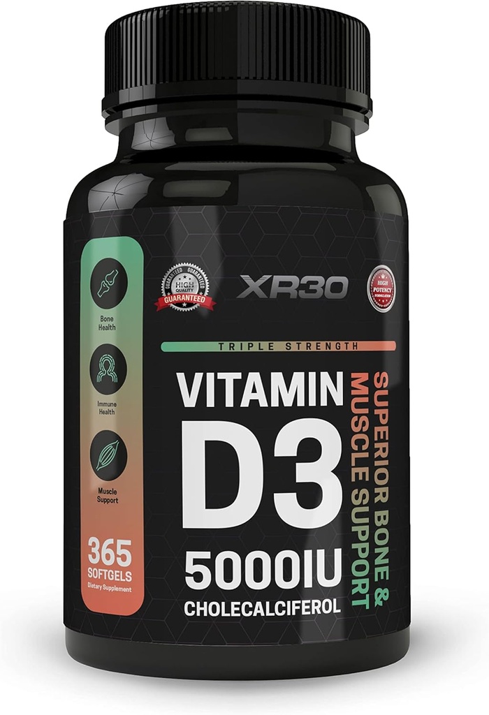Vitamín D3 5000IU Cholekalciferol - Podpora kosti a svalov - 365 Softgels - Vyrobené v USA