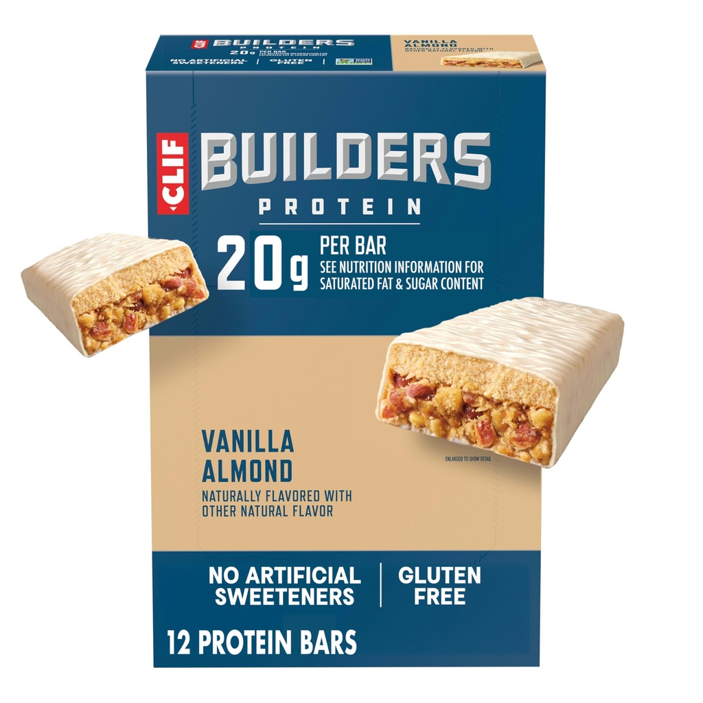 KLIF BUILDERS Proteínové tyčinky - Vanilla Almond Flavor - 20g Plant Based Protein - Gluten Free - Non-GMO - Low Glycemic - Bez umelých sladidiel - 2,4 oz. (12 Balenie)