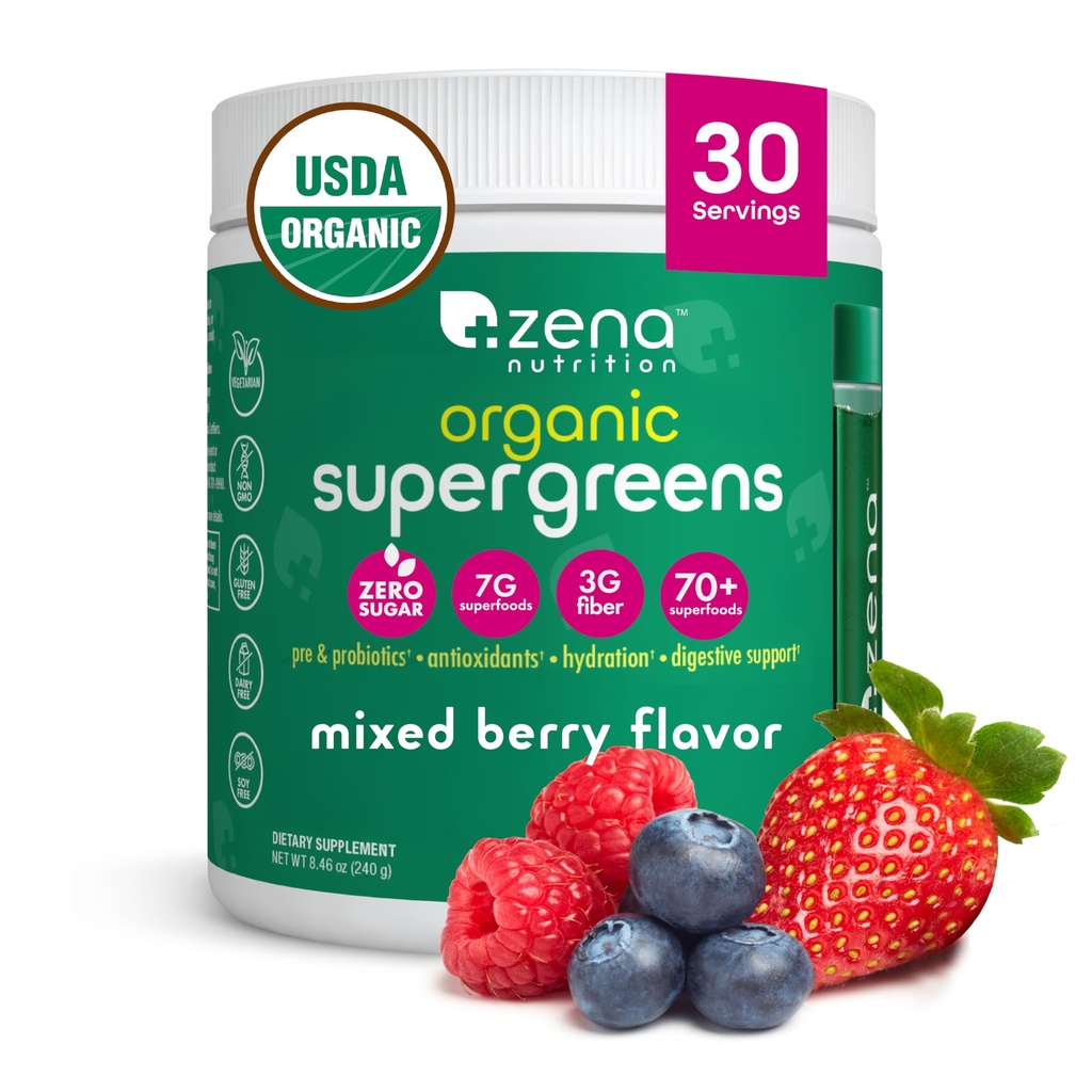 Zena Nutrition Organic Super Greens Powder, 70+ Superfoods, 0 Cukor, 3G Fiber, Spirulina, Chlorella, Antioxidanty, Prebiotiká/Probiotiká, Tráviace enzýmy, Mixed Berry, 30 Servings