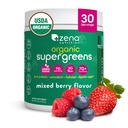 Zena Nutrition Organic Super Greens Powder, 70+ Superfoods, 0 Cukor, 3G Fiber, Spirulina, Chlorella, Antioxidanty, Prebiotiká/Probiotiká, Tráviace enzýmy, Mixed Berry, 30 Servings