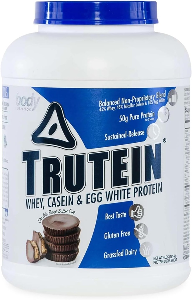 Telová výživa Trutein prášok s vysokým obsahom bielkovín: 45% srsť, 45% Casein, 10% Vaječný biely proteín Shake Mix, Gluten-free, Nízky sodík, Nízkokarb Protein Supplement pre mužov a ženy, Čokoládové arašidové maslo, 4lb