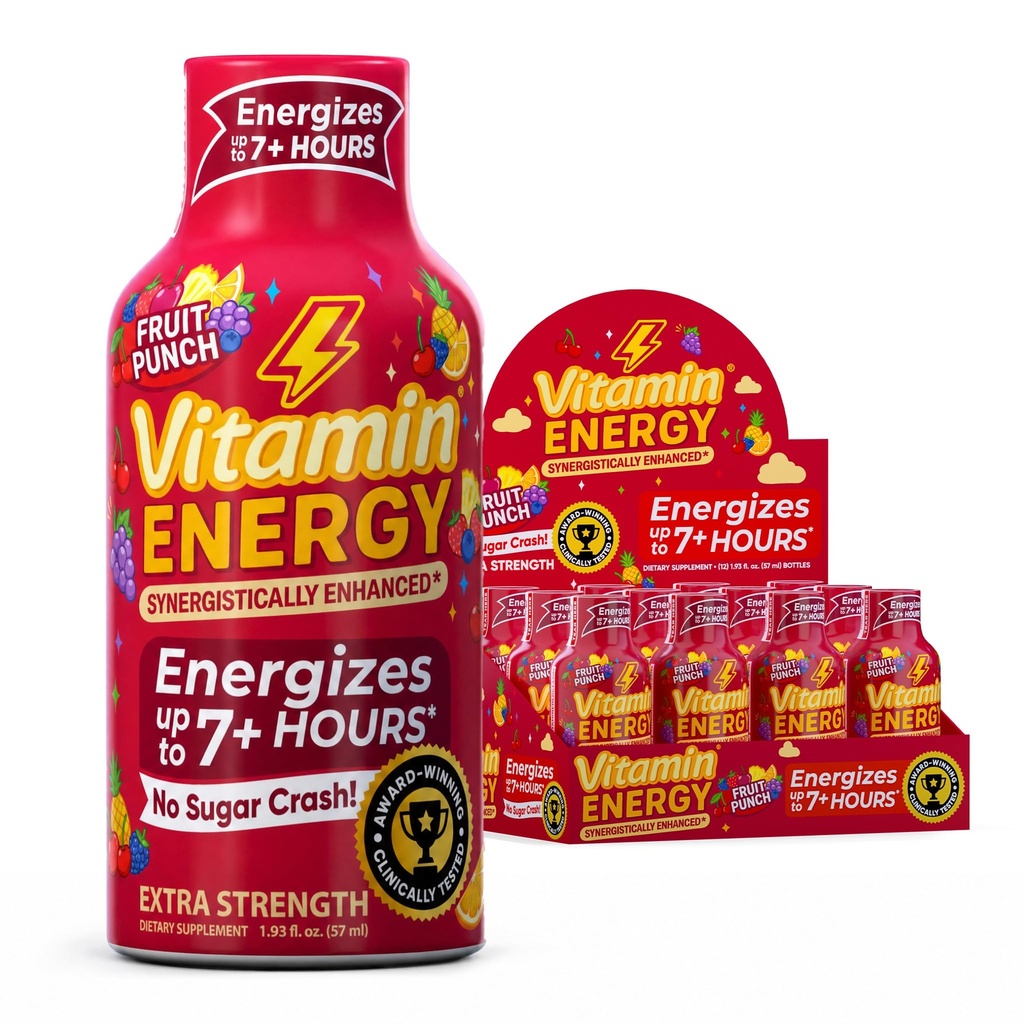 Vitamín Energy Immune+ Extra sila Energia Shot Fruit Punch 12 Balenie, 260mg Prírodný kofeín, B-vitamíny, Citicolín, Zelený čaj, Imunita & Focus Podpora, Zero Cukor, Gluten-free 1,93 fl oz
