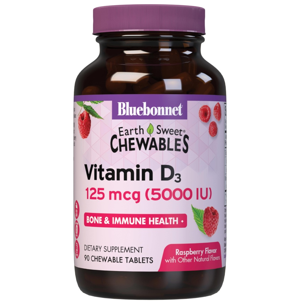 Bluebonnet Nutrition Earth Sweet Vitamin D3 5000 IU Chewable Tablets, Aids in Muscle & Skeletal Growth, Non GMO, Gluten & Soy & Milk Free, Košer, Malina, White, 90 Count