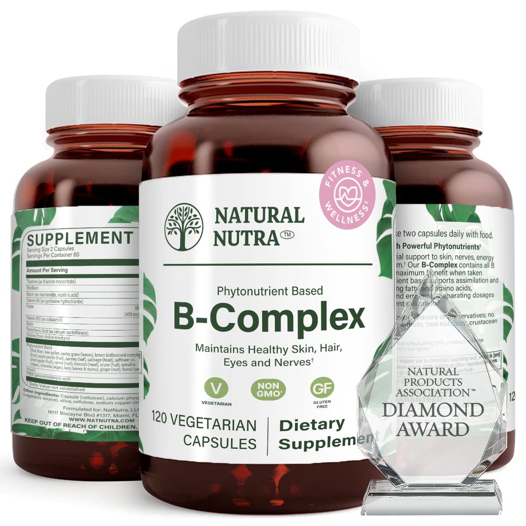 Prírodné Nutra vitamín B komplex s niacín, folát, tiamín, biotín, podporuje nervový systém zdravie, podporuje metabolizmus, koža, oči a vlasy zdravie, celé jedlo doplnok, 120 Vegetariánske kapsule