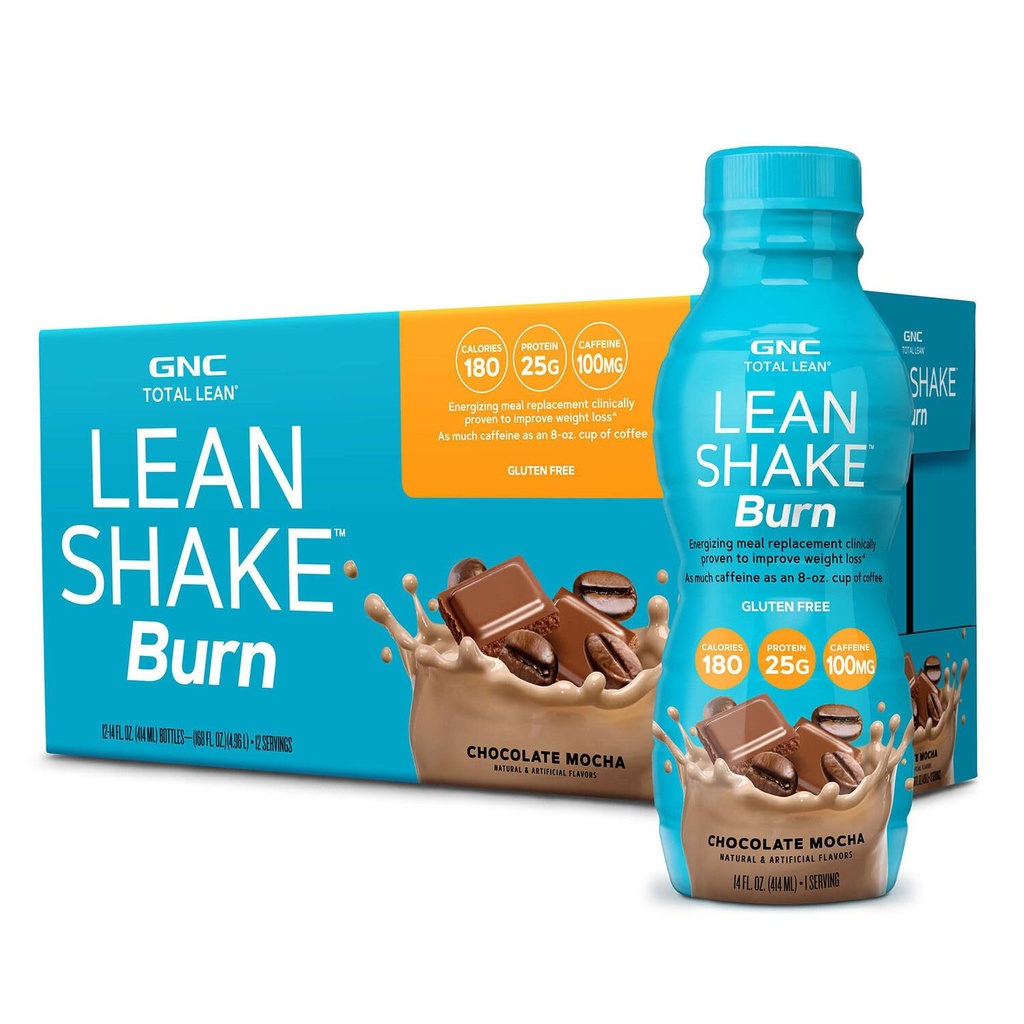 GNC Lean Shake Burn With Caffeine, Meal Replacement, Chocolate Mocha, 25 g Protein, Klinicky preukázané riadenie hmotnosti, Pripravený na pitie, Zero Pridané cukor, 14 oz Fľaše, Balenie 12