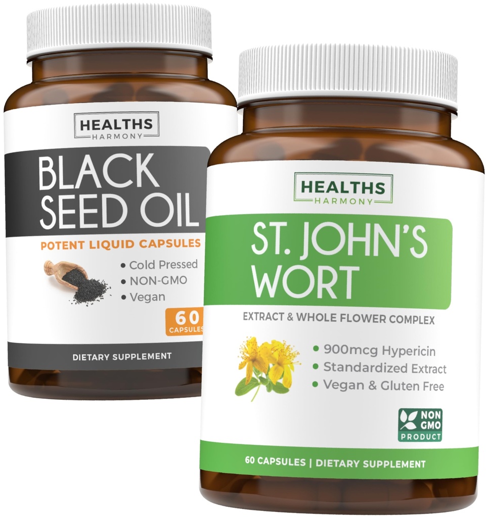 Black Seed Oil & St. John's Worth (1-Month Supply) Serene Bundle of Black Seed Oil (60 kapsúl) Cold-Pressed Nigella Sativa & St. John's Wort (60 kapsúl) s výkonným 900mcg Hypericin