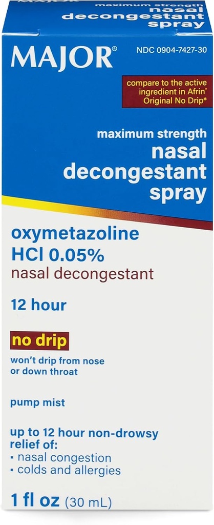 MAJOR Maximálna sila Nasal Dekongestant Spray, Oxymetazolín HCl 0,05% Pumpa Mist, Non-Drowsy Nasal Spray, až 12-hodinový Relief from nosal Congestion, Cold, and Alergies 1 Fl. Oz. (1-Pack)