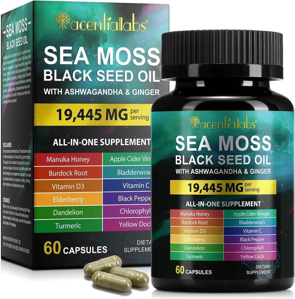 Morský olej z čiernych semien, morský olej z čiernych semien Ashwagandha zázvorové kapsuly s vitamínmi Bladderwrack, Burdock Root a viac, 60 kapsúl