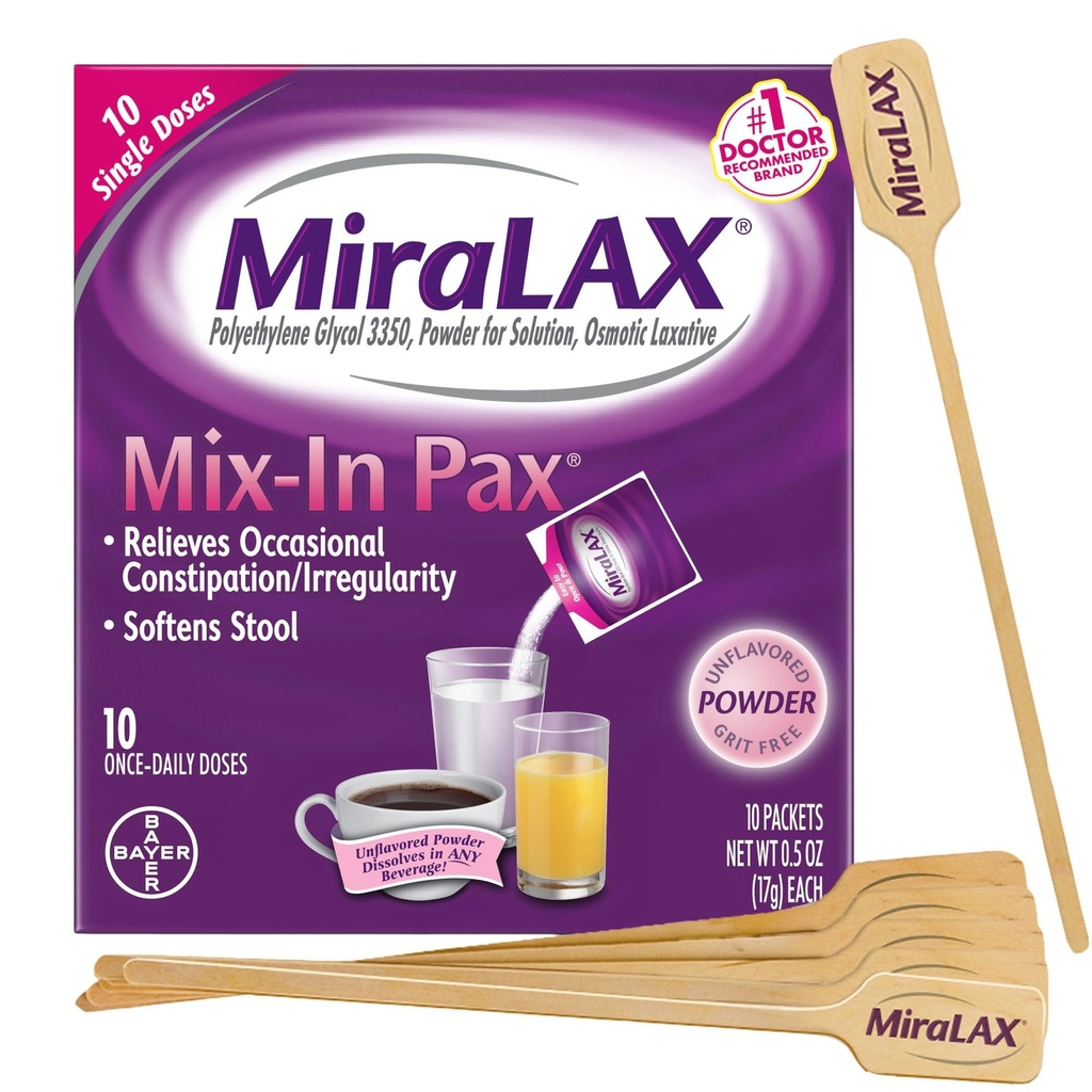 MiraLAX Jemná zápcha Relief Laxatívny prášok, Stolový zmäkčovač s PEG 3350, bez nepriaznivých vedľajších účinkov, jednorazová dávka v Paxe s miešanými mixérmi, cestovné balenie, 10 dávok