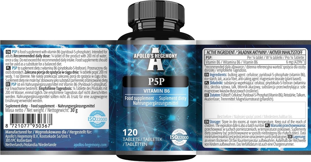 Pyridoxal-5-fosfát (P-5-P) 50 mg na tabletu - 120 Vegan tabliet - Dodávka pre 480 porcií - Podpora Nerve a psychologické funkcie - Vitamin B6 Diet Supplement - by Apollo Hegemony