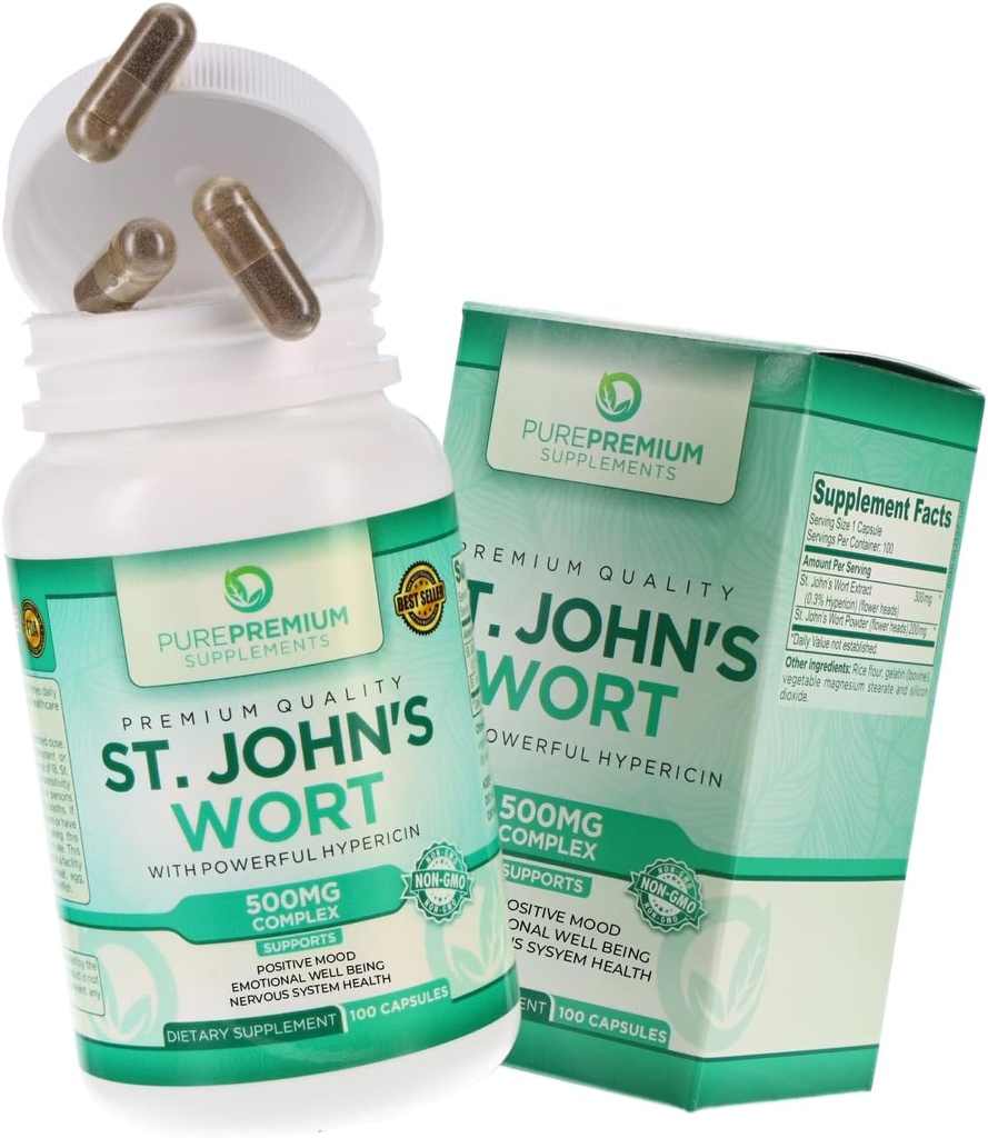 Pure Premium St. Johns Wort Kapsule 500mg - Mood Suplement - Bylinné & Natural Normal Stress Supplements - St John World Support Pozitívna nálada pre mužov a ženy - 3 mesiace Zásoba - 100 kapsúl