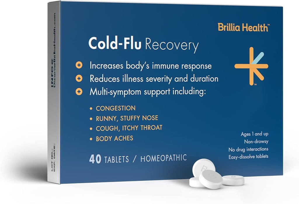 Brillia Health - Cold-Flu Recovery - 40 Tablety - Homeopatické Cold-Flu Relief - Poskytuje klinicky-Poskytuje úľavu pre chlad, chrípka a kašeľ - pre dospelých a deti