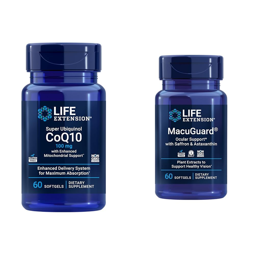 Predĺženie života Super Ubichinol CoQ10 Heart Health Cellular Energy 60 Softgels & Macuguard Ocular Support Lutein Zeaxantin Saffron Astaxantin Eye Health 60