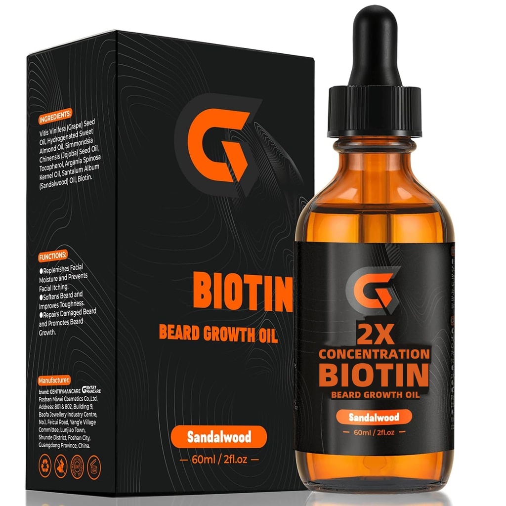 2X Koncentrácia Biotín Bed Rastový olej pre mužov - Leave-In Conditioner & Zmäkčovač - Hydratuje, Húže, Posilňuje a podporuje rast vlasov tváre - Organický Argan & Jojobový olej - 2fl. Oz