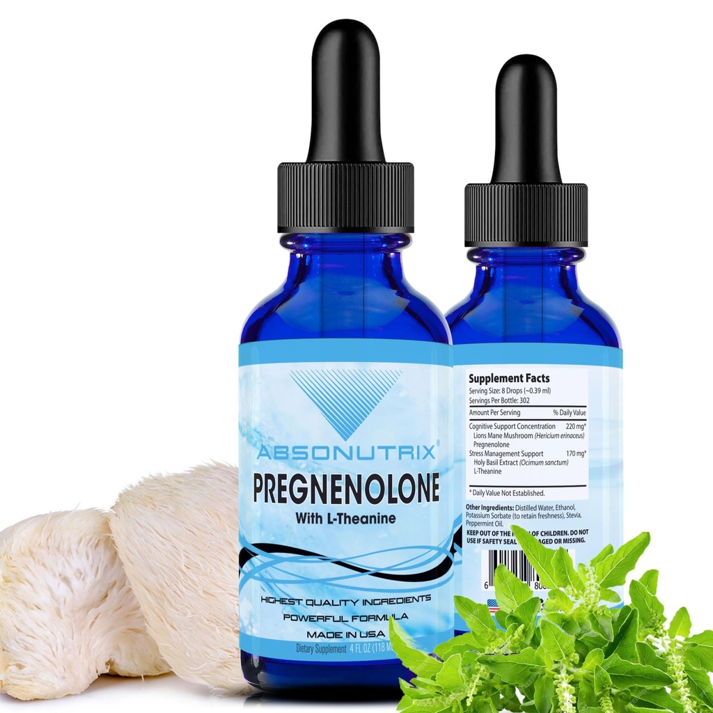 Absonutrix Pregnenolón s L-Theanine Advanced Formula 390 mg, 4 Oz Liquid, 302 Servings, Made in USA, Rýchla absorpcia, Quality Potent Ingredients, non-GMO, GMP Certified Facility