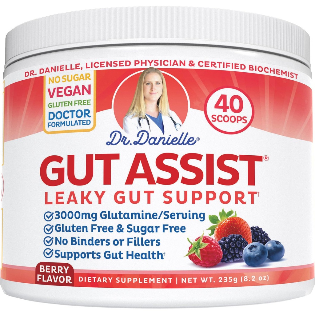 Dr. Danielle Gut Assist - Leaky Gut Repair Supplement Powder - Glutamín, Arabinogalactan, Licorice Root - podporuje IBS, Pálenie záhy, Bloating, Plyn, Zápcha, SIBO z, Berry Flavor