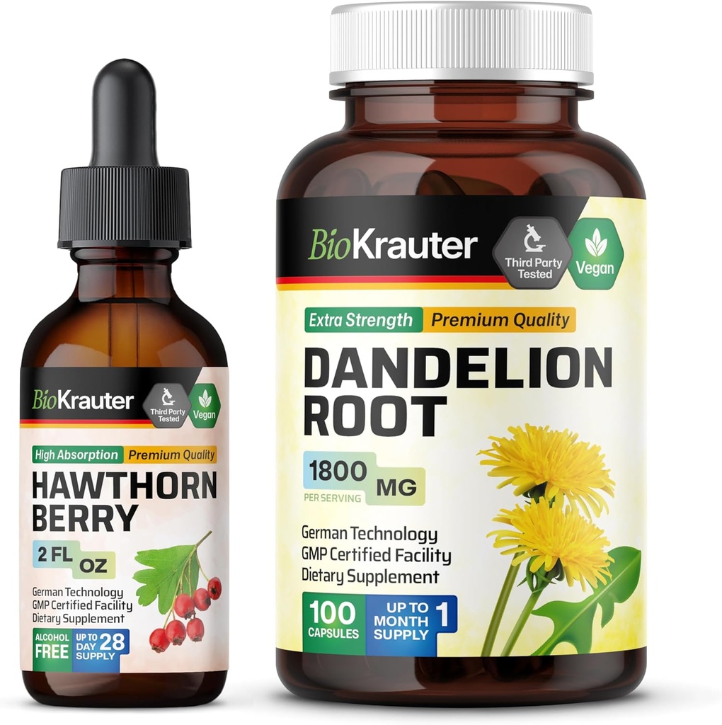 BIO KRAUTER Hawthorn Tincture 2 Fl. Oz. & Dandelion 100 kapsúl