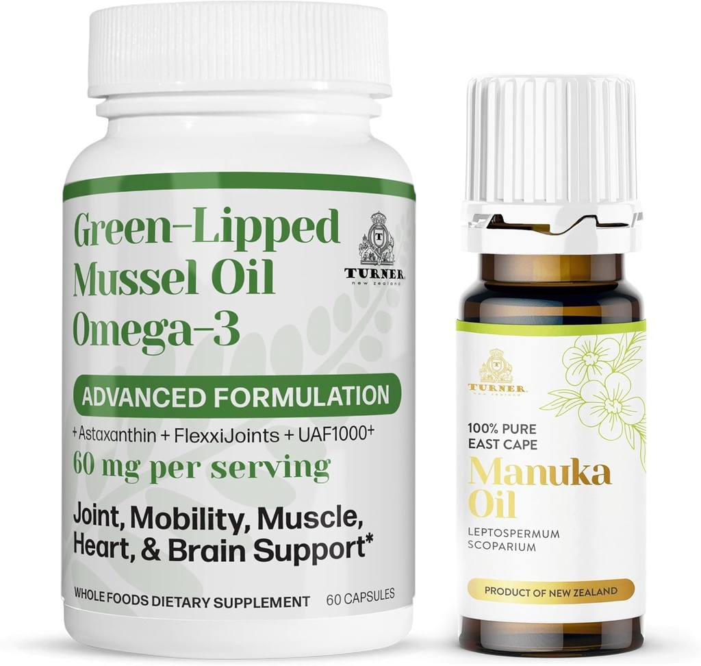 TURNER Nový Zéland Omega-3 Green Lipped Mussel Oil, 53x Higher Potency for Superior Joint Comfort & Mobility, No Fishy Dochute, 1 fľaša, 60 Softgels Plus 1 fľaša Manuka Oil