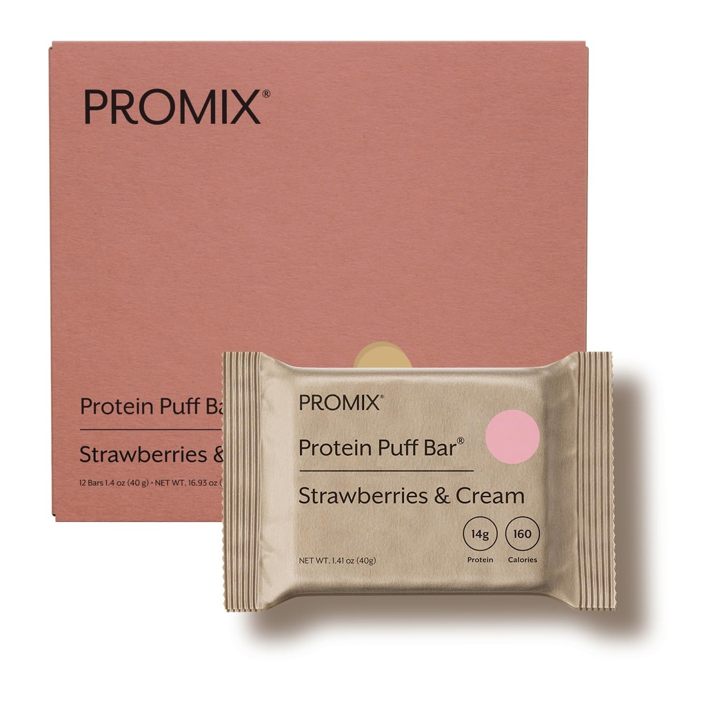 ProMix Nutrition Wheey Protein Izolate Puff Bar, Low Carb Healthy Snack with Egg Whites - Grass Fed,Gluten Free, Low Cugar, Soy Free (Jahody a smotana) - 12 Bars